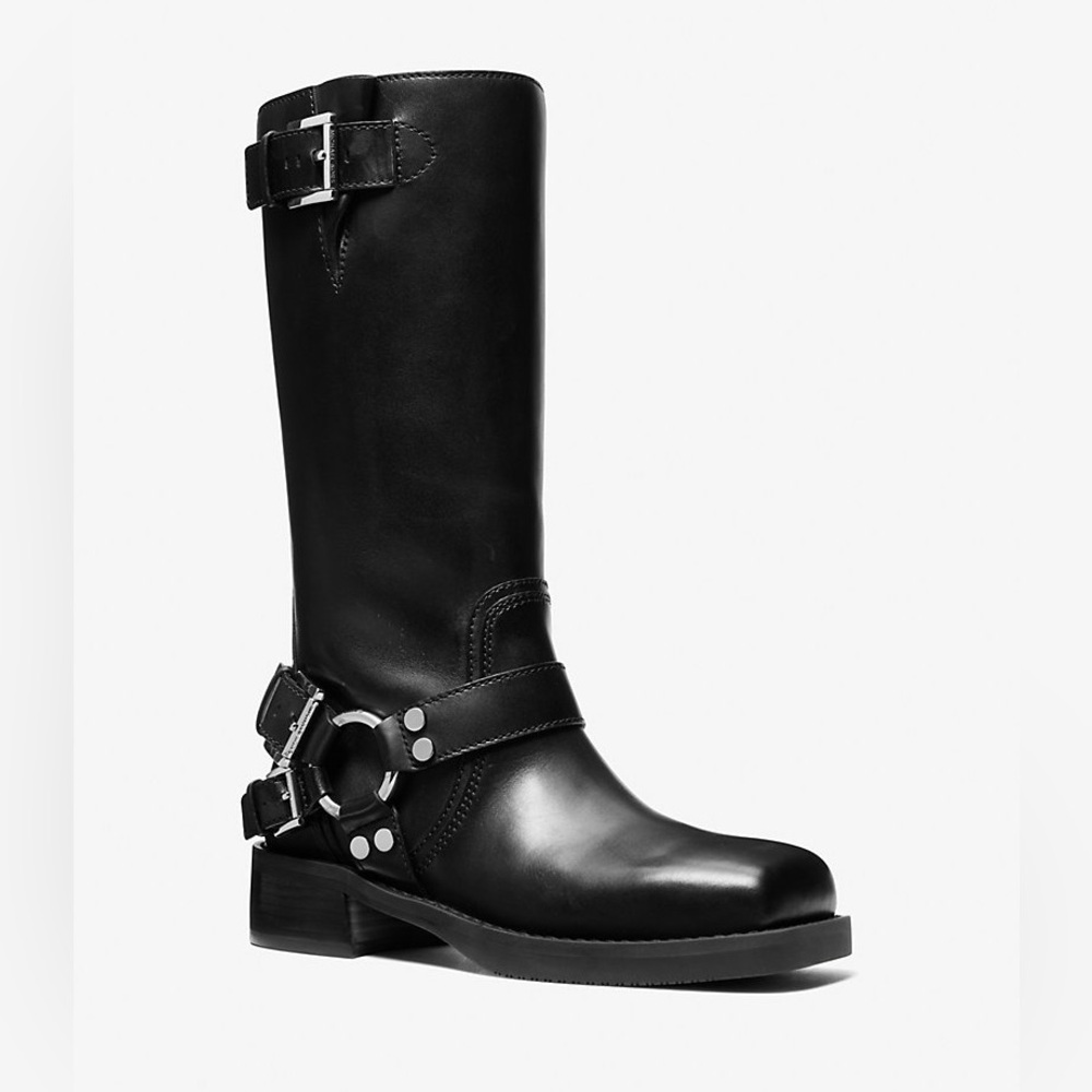 NIB NEW Michael Kors Crosby Black Leather Knee High Moto Boots 5